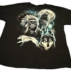 Wolves Native American Headdress Skeleton Black T Shirt Sz 2X Might Fit Like XL